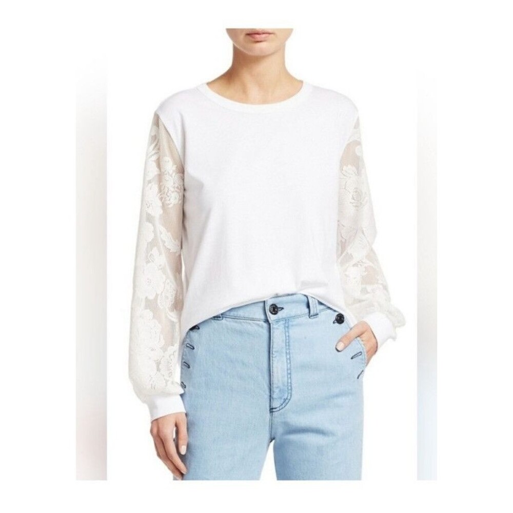 See By Chloe Lace Sleeve White Tee Shirt Top Womens Size Large Long Sleeve